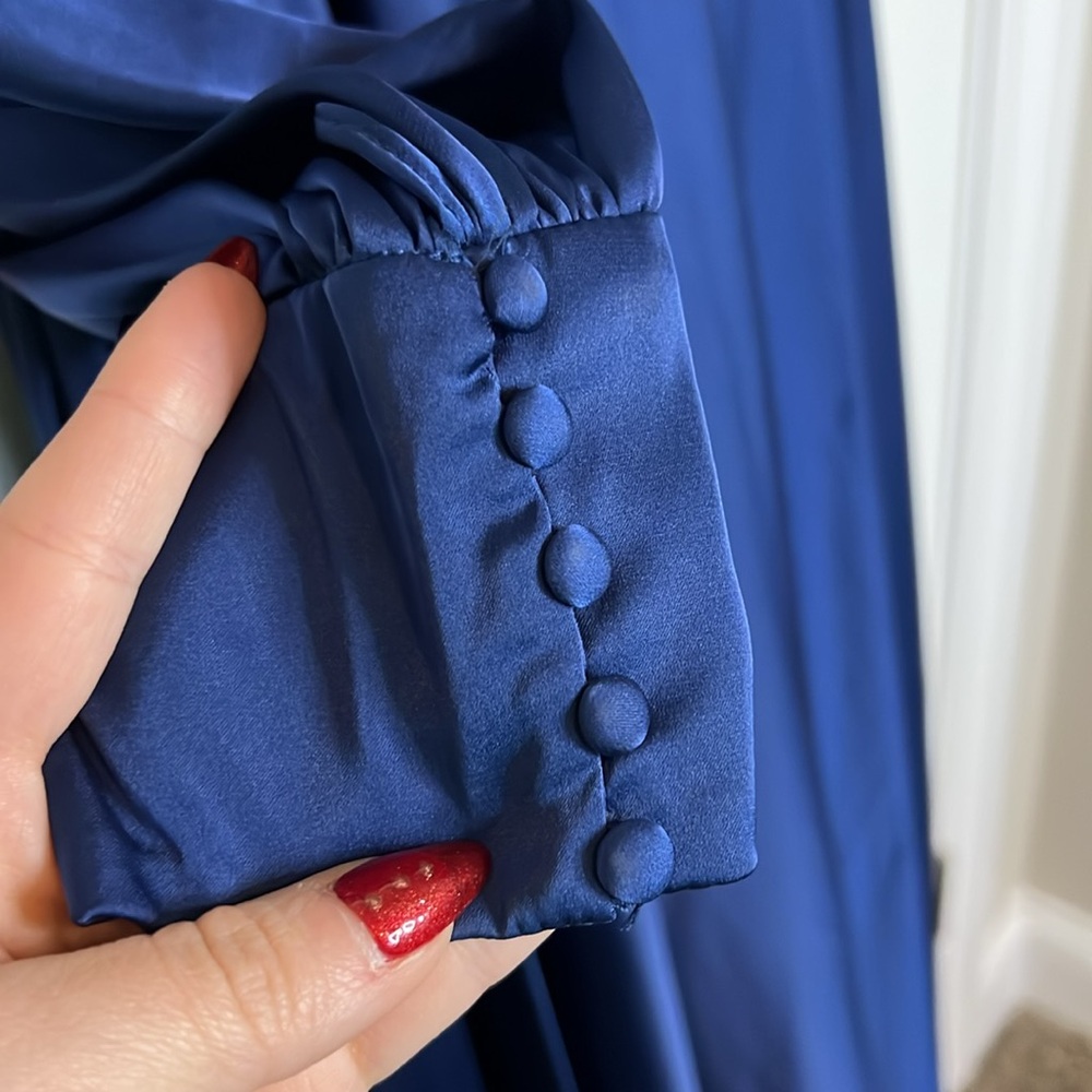 NWT Ieena for Mac Duggal Blue One Shoulder Bishop Sleeve Flowy Gown - 67866 - Picture 3 of 9